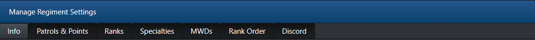 The Info tab of the Manage Regiment page, showing fields for regiment name, descriptions, leader name, prefix, and timezone.