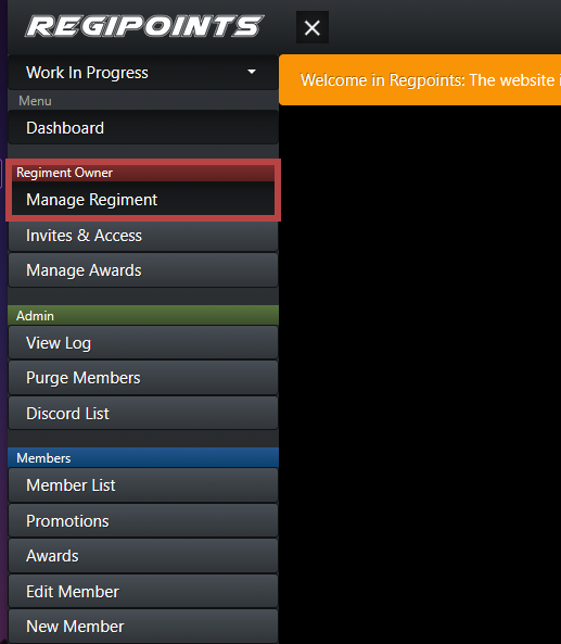 The "Manage Regiment" option in the dashboard sidebar menu