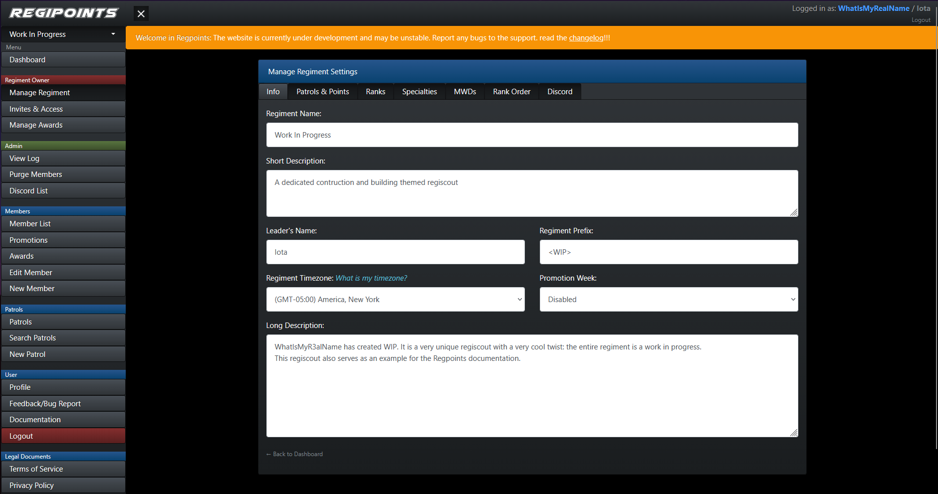 The Manage Regiment page, showing the different sections and options available